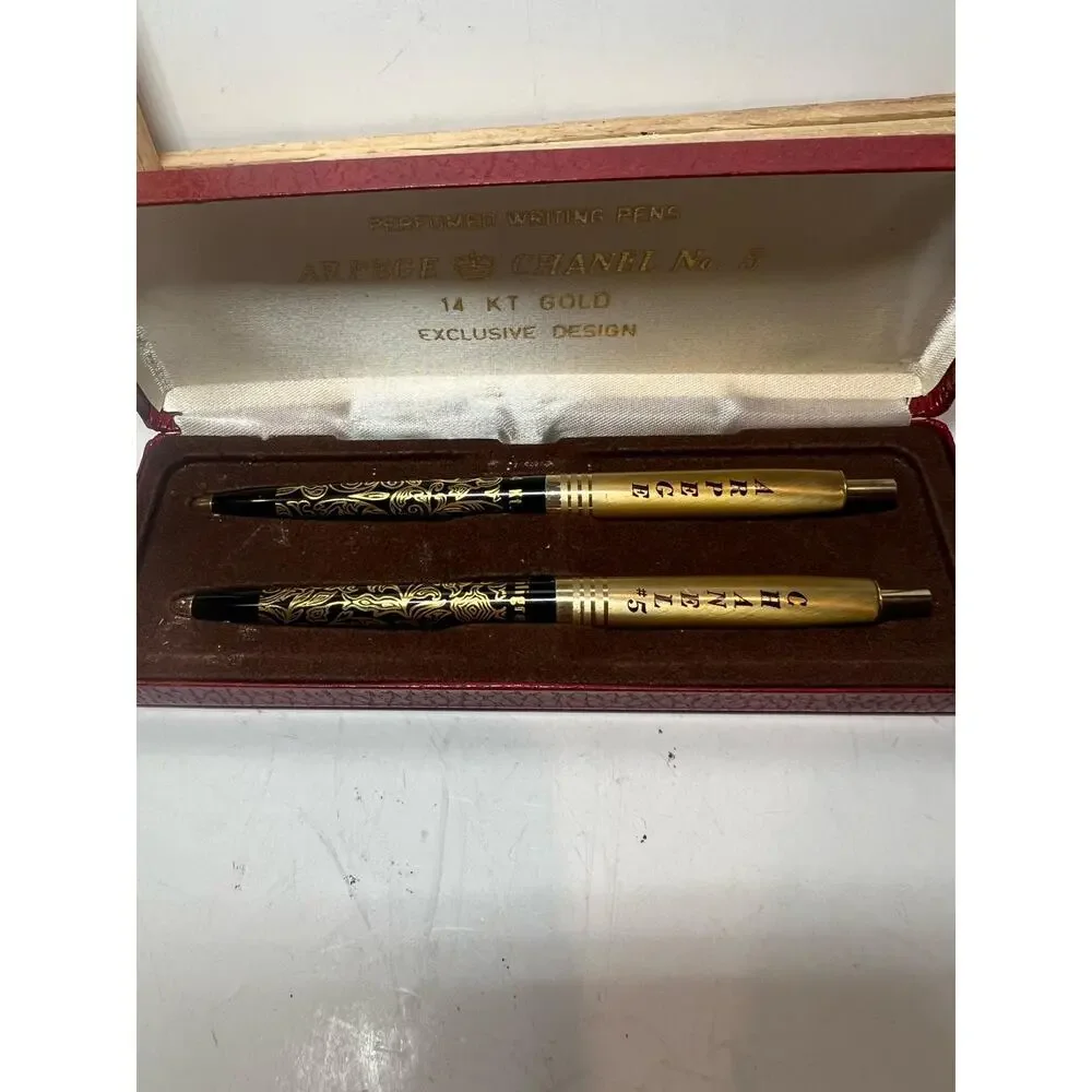 Vintage Arpege Chanel No.5 14K Gold Perfumed Writing Pen Set in Red Case